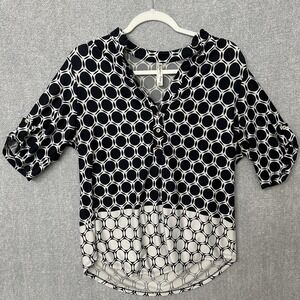 Per Seption Petite Size PXL  3/4 Sleeve Blue & White Geometric Pattern Business